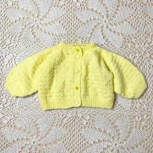 Vintage 1980s Baby 3-6 Months Hand Knit Spring Yellow Cardigan Sweater